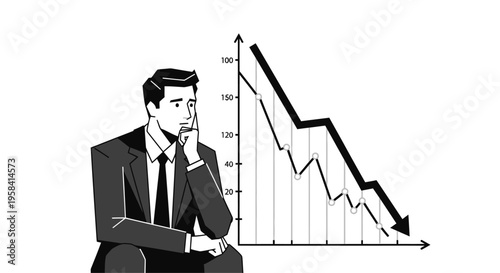Worried businessman looking at declining financial graph illustration. Market crash, economic downturn, or business failure concept.