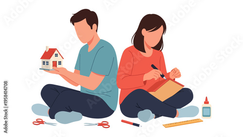 Crafting Dreams: A couple engaged in a creative pursuit, with one showcasing a miniature house and the other meticulously working on a craft project.