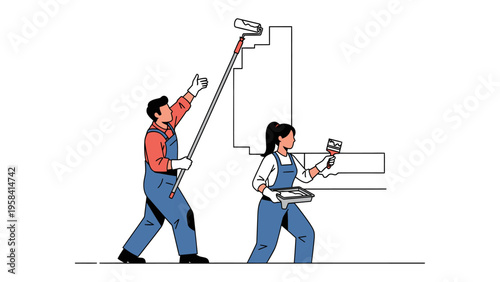 Quadro su tela Teamwork in Renovation: A dynamic duo of painters, working harmoniously to transform a space with precision and expertise, painting in action