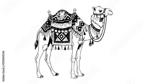 Decorated Desert Camel with Saddle – Watercolor Animal Illustration Isolated on White