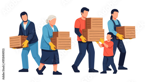 Community Moving Boxes Together: A multi-generational group of individuals work together to carry boxes, depicting a collaborative community effort and the act of helping one another.