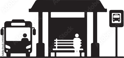 Vector illustration of bus stop with person sitting on bench