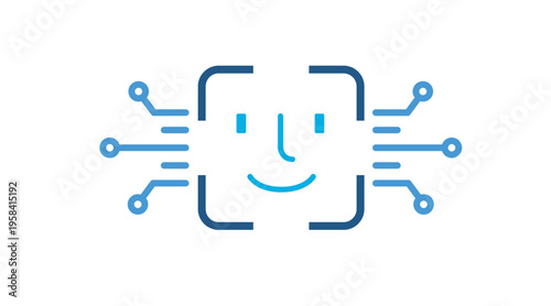 Duotone blue icon of facial recognition technology with circuit connections. Modern vector illustration representing artificial intelligence biometric scanning