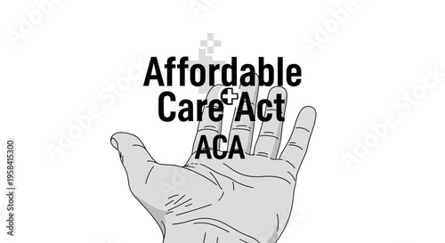 Affordable Care Act (ACA) medical insurance concept with open hand illustration.