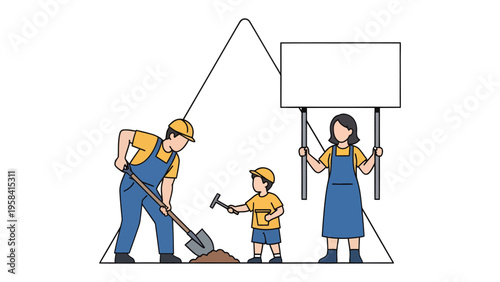 Family's Labor: A family works together, each playing a role in the construction of their dreams. A symbolic illustration of unity and collective effort.