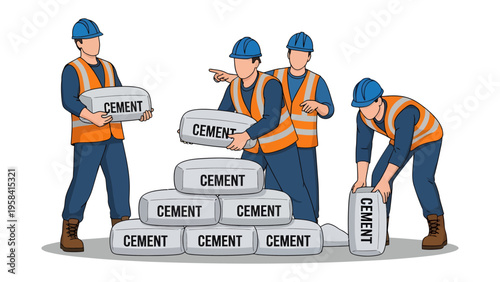 Cement Workers Unite: A team of construction workers, clad in safety vests and helmets, efficiently handle bags of cement, demonstrating their commitment to building projects.