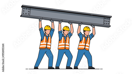 Builders Carrying Steel Beam: A team of construction workers work together, lifting a heavy steel beam. Emphasizing the importance of cooperation and strength in construction.