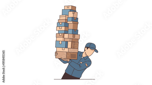 Delivery Dilemma: A delivery worker struggles under a towering stack of cardboard boxes, navigating the challenge of his job and the weight of responsibilities. 