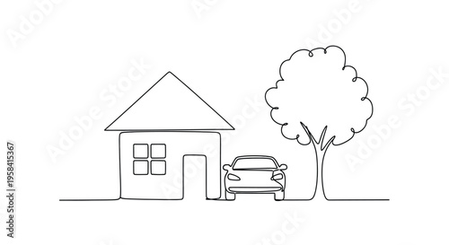 House, car, and tree single line drawing, ideal for concepts