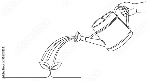 Single line drawing watering plant growth concept with new life