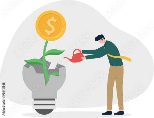 Businessman watering a plant growing from a lightbulb with a gold coin representing financial growth