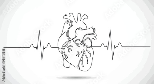 Single line drawing heartbeat heart with line art with white backgrou