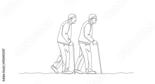 Single line drawing two elderly men walking with line art