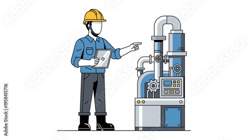 Engineer at the Machine: An engineer in a yellow helmet carefully inspects an intricate industrial machine, clipboard in hand, highlighting precision and diligence in action. 