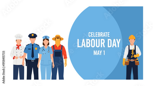 Labour Day: A tribute to workers from various professions, depicted together in a festive illustration symbolizing appreciation for their contributions to society. 