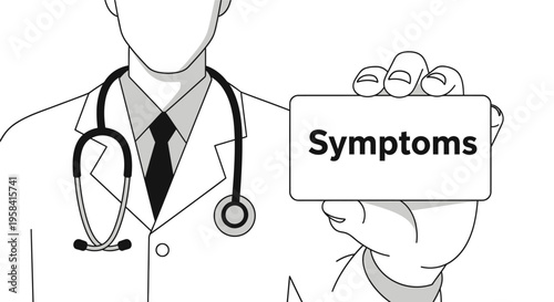 Doctor in white coat holding a card with the word 'Symptoms' - line art illustration.