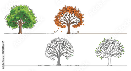 Four trees showing seasonal changes, minimalist line art
