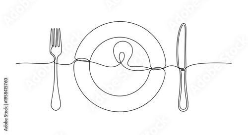 Plate, fork and knife, minimalist single line food setting