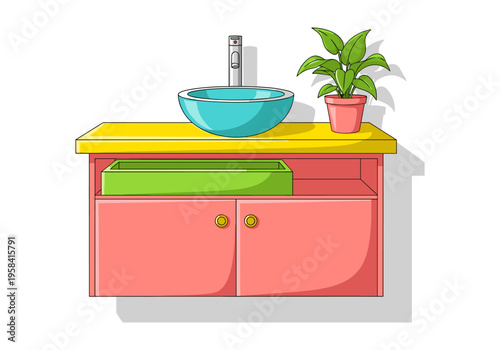 Modern bathroom vanity with vessel sink and potted plant in cartoon style