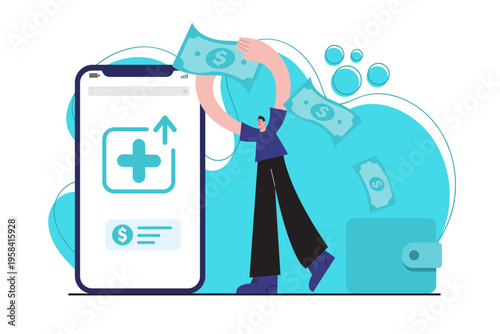 Flat design illustration of a person withdrawing money from a mobile banking app into a wallet. Concept of digital finance and cash flow.