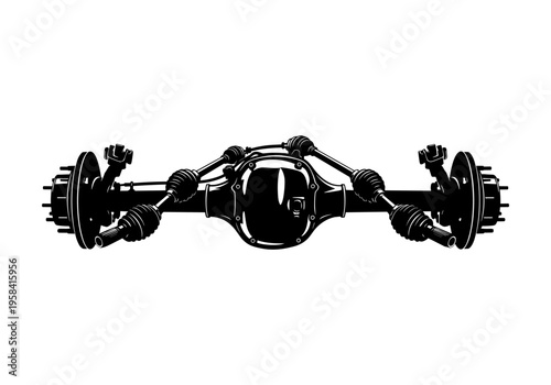 Detailed illustration of a vehicle's rear axle assembly with differential and drive shafts