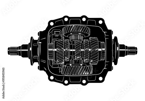 Detailed cross-section illustration of a mechanical gearbox with visible gears and shafts