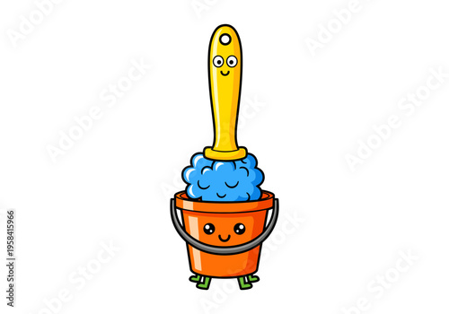 Cute cartoon plunger and bucket with happy faces, ready for cleaning tasks