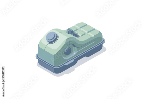 Modern green fuel tank with cap and valve in isometric view