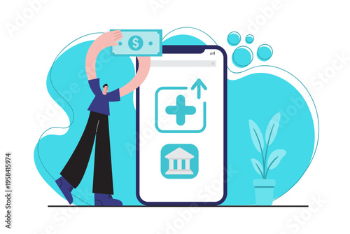 Flat illustration of a man depositing money into a mobile banking app. Concept of digital banking, online transactions, and financial growth.