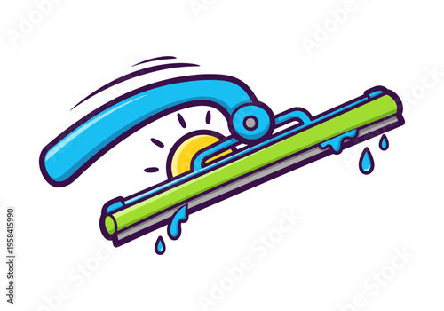 Cartoon window squeegee cleaning with water droplets and sun icon