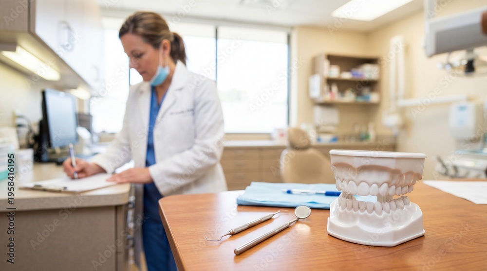 Fototapeta premium Dentists Focus Jaw Model Tools Amidst Modern Clinic Interior.