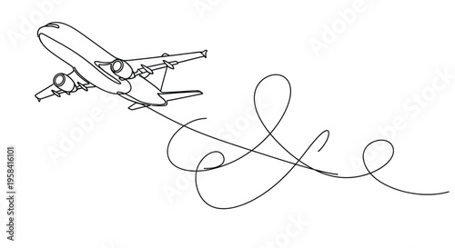 Airplane single line drawing with swirl path with line art