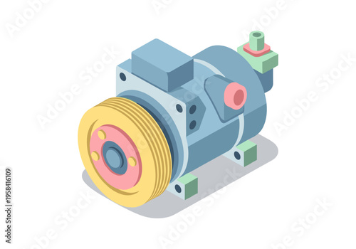 Isometric illustration of a blue car air conditioning compressor with yellow pulley