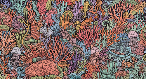 Vibrant Underwater Coral Reef Scene with Diverse Marine Life, Jellyfish, Seahorses, and Fish, Detailed Illustration