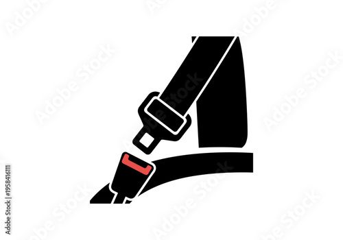 Close-up of a black seatbelt with a red buckle on a white background