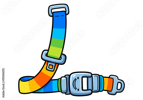 Cartoon seatbelt with rainbow stripes and a smiling buckle