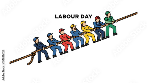 Labour Day Tug-of-War: A graphic illustration depicting a collective effort, with a group of people pulling a heavy rope in a symbolic representation of the spirit of Labour Day. 