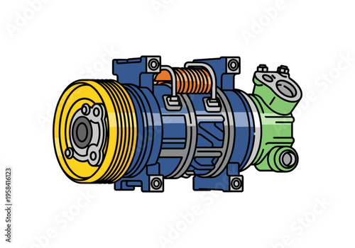Detailed illustration of a car air conditioning compressor with a pulley and fittings