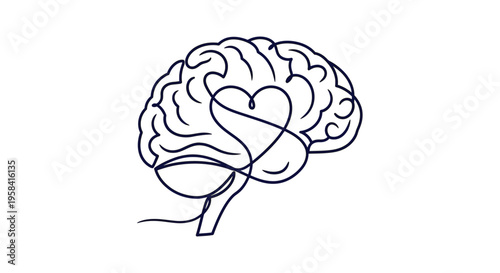 Brain with heart single line drawing mental health concept