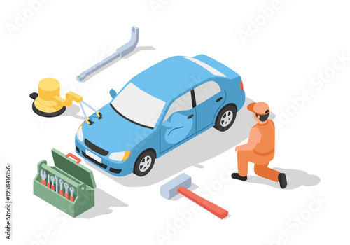 Car repair technician using tools for dent removal on a blue vehicle