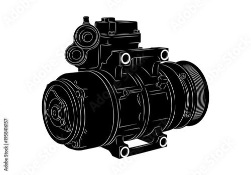 Detailed illustration of a car air conditioning compressor on a white background