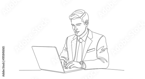 Businessman working on laptop single line art with one line