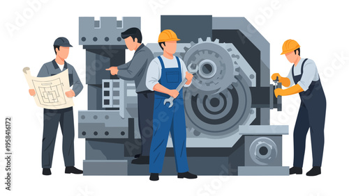Industrial Team at Work: A group of skilled workers collaborate around a large industrial machine, with a focus on problem-solving and expertise.