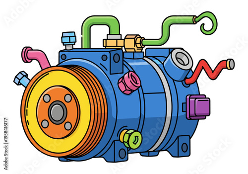 Colorful cartoon illustration of a complex industrial machine with pipes and valves