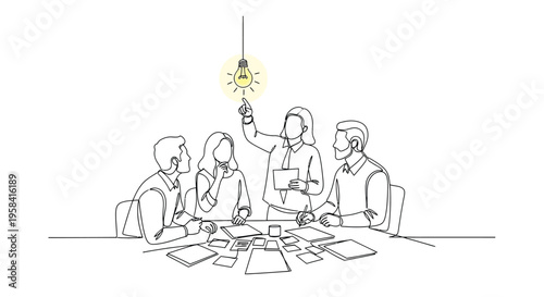 Team meeting lightbulb idea single line drawing with line art