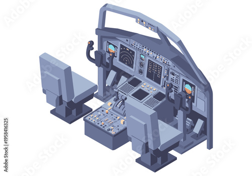 Modern airplane cockpit interior with detailed controls and displays