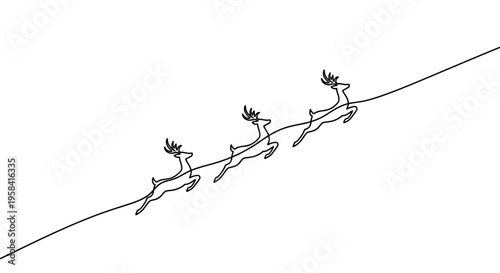 Three reindeer leaping, single line art, winter holiday theme
