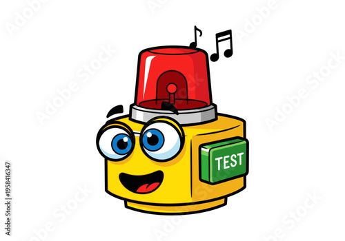 Happy cartoon alarm siren with a test button and musical notes