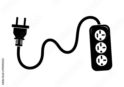 Black electrical plug connected to a power strip with three outlets