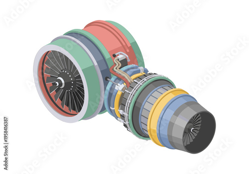 Detailed isometric illustration of a jet engine's internal components and fan blades